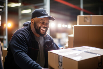 Photo of a man smiling while placing a box on a table