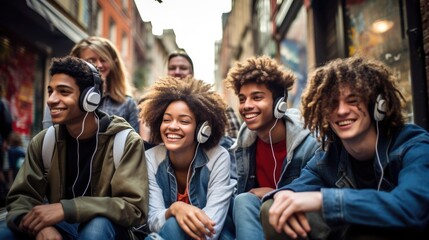 Group of happy teenagers on the street. They have fun, communicate, listen to music and dance. - obrazy, fototapety, plakaty