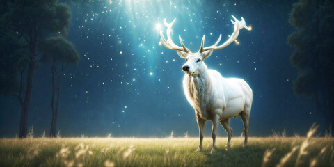 Fantasy scene with deer on magical forest background