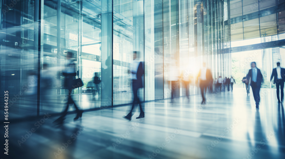 Wall mural rush hour morning in a glass building , motion blurred of business people walking in modern glass of