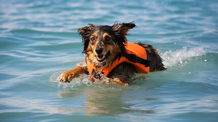 Lifeguard dog swimming in a water, dog playing in water with a floating life jacket - obrazy, fototapety, plakaty