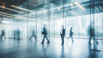 Motion blurred of Business people walking in modern glass office - business district 