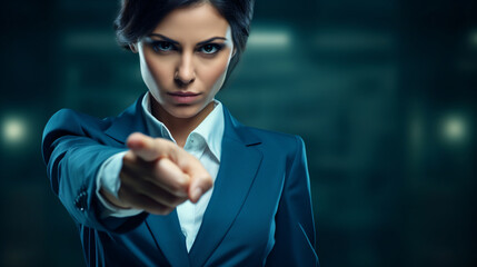 professional woman pointing at you banner- confidant girl in a suit pointing finger at camera with copy space - obrazy, fototapety, plakaty