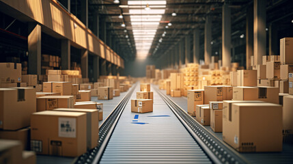carton boxes traveling on conveyor belt inside a Wearhouse
