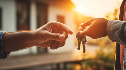 the person handing over a house key, real estate deal concept, buying a house, selling house concept - obrazy, fototapety, plakaty