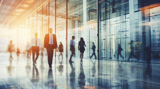 defocused blurred people walking in a glass office - rush hour morning in a busy business community