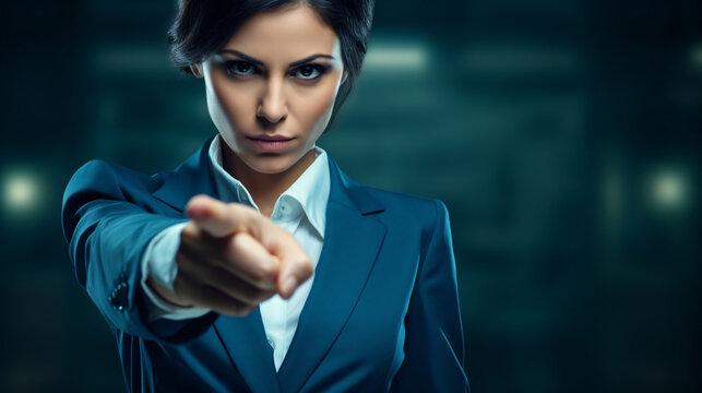 professional woman pointing at you banner- confidant girl in a suit pointing finger at camera with copy space