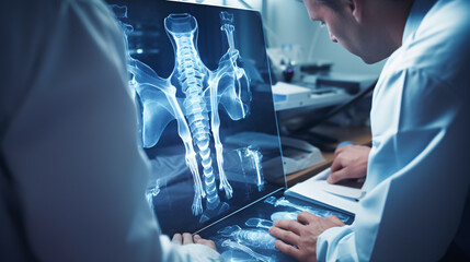 doctor examining x ray - Orthopedic surgeon doctor examining patients knee - doctors looking at an x-ray