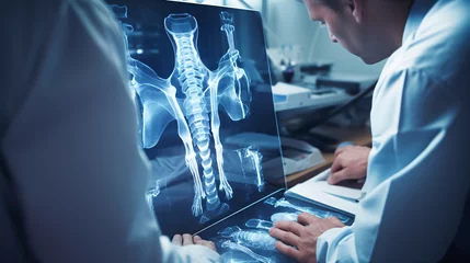 Poster doctor examining x ray - Orthopedic surgeon doctor examining patients knee - doctors looking at an x-ray © Chamli_Pr