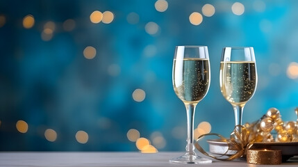 Two champagne glasses on Pale blue color a background of fireworks with an empty space for text