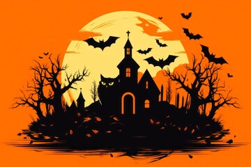 Décor d'Halloween avec une maison hantée effrayante avec une chouette et des chauve-souris à la pleine lune.