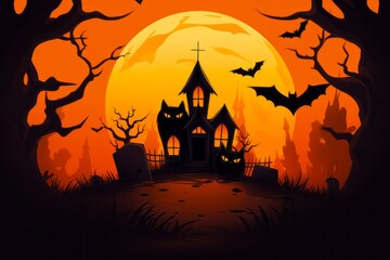 Décor effrayant pour Halloween : chat noir, manoir hanté avec des chauve-souris, des citrouilles et des tombes.