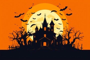 Illustration graphique pour Halloween d'une maison hantée et effrayante à la pleine lune.