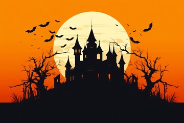 décor pour Halloween, maison hantée effrayante avec chauve-souris, citrouille et cimetière.