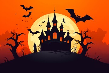 Illustration effrayante pour Halloween d'un manoir hanté avec des chauve-souris, des citrouilles et des tombes.