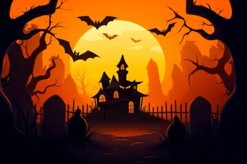 Décor d'halloween, maison hantée et effrayante avec chauve-souris, citrouille et tombe.