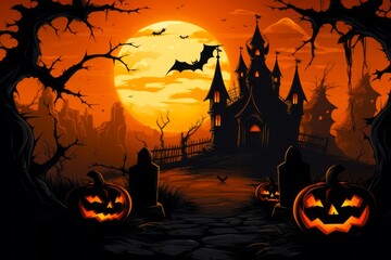 Illustration d'un manoir, avec la lune et des citrouilles pour fêter Halloween. Ambiance effrayante, sombre et automnale.
