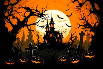 Halloween, ambiance effrayante d'un manoir hanté avec des chauve-souris volantes, des citrouilles et des tombes.