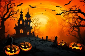 Fotobehang Célébration d'Halloween, maison hantée et effrayante avec chauve-souris, citrouille et tombe. © Comme en pixels
