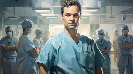 Portrait of a confident surgeon standing with colleagues in the background, doctor wearing scrubs in a theater - obrazy, fototapety, plakaty