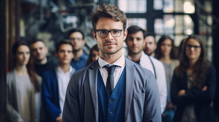 Young Scientist and a research team, confident PHD candidate standing with his peers in the out of focus background - obrazy, fototapety, plakaty