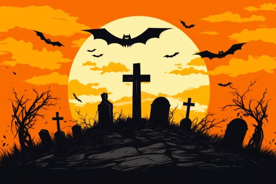 Illustration graphique sombre  et effrayante de cimeti&egrave;re avec lune et chauve-souris pour Halloween.