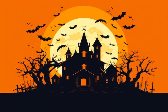 Illustration graphique pour Halloween d'une maison hant&eacute;e et effrayante &agrave; la pleine lune.