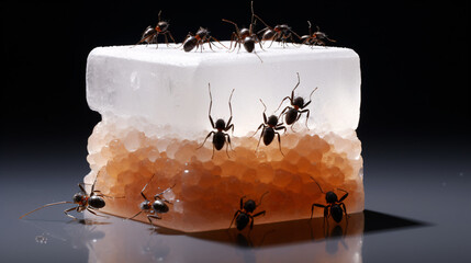 ant is trying to carry away a piece of sugar -group of black fire ants on sugar cubes