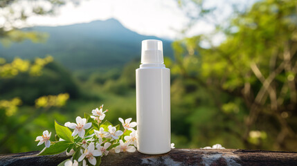White cosmetic bottle in a nature background, skincare product on a tree branch with white flowers,...