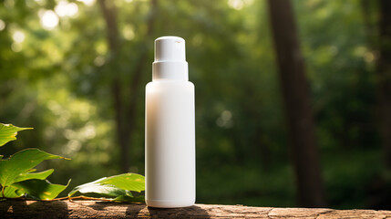 white cosmetic container in a forest background, skincare product on a tree branch with leaves - cosmetic product mockup