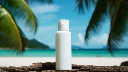 White lotion bottle in a tropical beach background, skincare product on a tree branch, with ocean and palm trees behind - cosmetic product mockup