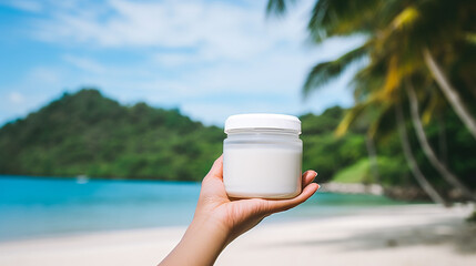 hand holding a white jar with a screw cap, filled with coconut oil  in a tropical beach background and palm trees, clear jar with white cap for a mockup - obrazy, fototapety, plakaty