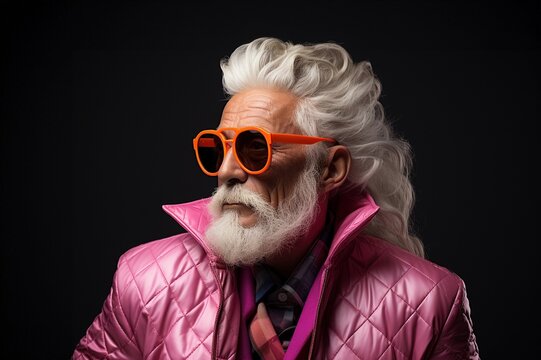 Moderner Santa Claus in Rosa: Hipper alter Mann mit wei&szlig;em Bart