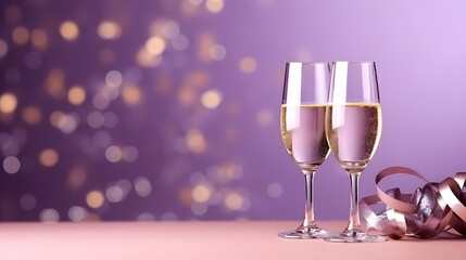 Two champagne glasses on Pale purple color a background of fireworks with copy space