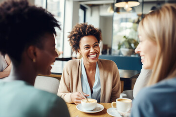 Fototapeta premium Happy smiling female friends sitting in a café laughing and talking during a lunch break