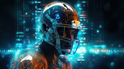 Portrait American football sportsman player on blue futuristic technology background.