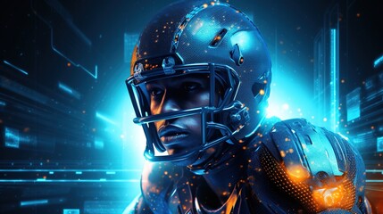  Portrait American football sportsman player on blue futuristic technology background.
