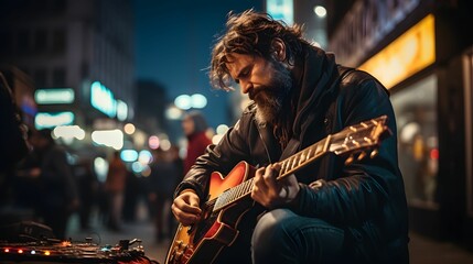 A street musician plays guitar at night on the street. Generative Ai - obrazy, fototapety, plakaty