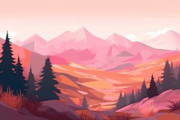 Landscape with pink mountains and a forest of trees in vibrant pastel colors. Serene and romantic nature scene. Generative AI