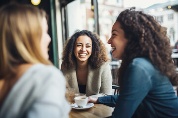 Fototapeta premium Happy smiling female friends sitting in a café laughing and talking during a lunch break