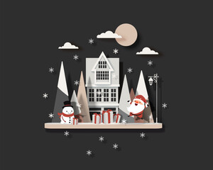 Santa Claus and snowman stand near country house with gifts of Christmas trees and street lamp and snowflakes. Paper cut style. Christmas vector isolated illustration