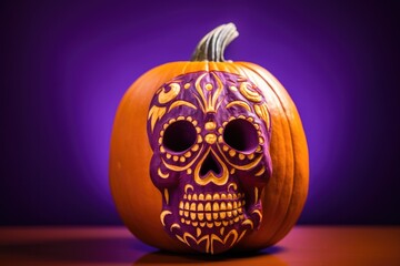 Calabaza de Halloween decorada con calavera morada sobre fondo morado