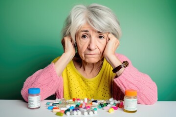 Anciana triste y desorientada ante la medicación - obrazy, fototapety, plakaty