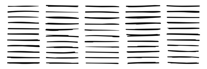 Set of underlines and strikethrough doodle lines set. Various thick sketch dividers, simple emphasis, marker style. Scribble vector illustration isolated on transparent background