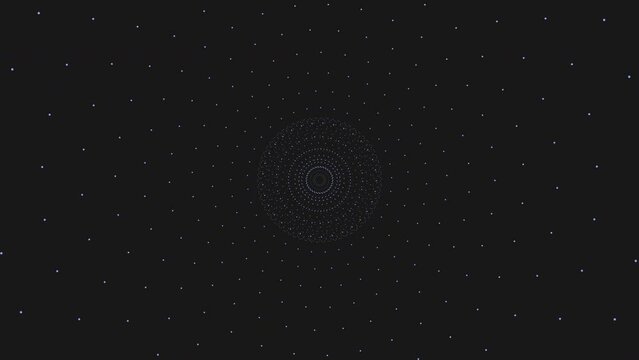 Circular spiral pattern of blue dots on a black background creates a symmetrical and continuous loop, with each dot connected to the next in a mesmerizing display