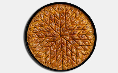 tray homemade traditional algeria almond and honey baklava with almond for ramadan on gray grunge background