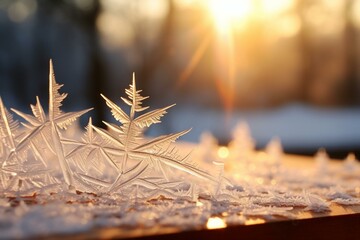 A macro of ice crystals on a table with a blurry backdrop of trees and a distant light. Generative AI