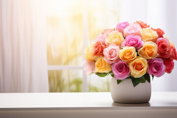 Adorning the white table are vibrant, beautifully grown roses from the garden. bathed in radiant light, filled with happiness. Incorporating the concepts of gardening, interior design, and flowers.