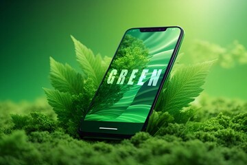 Smartphone surrounded by plants (green tech / green energy app concept)