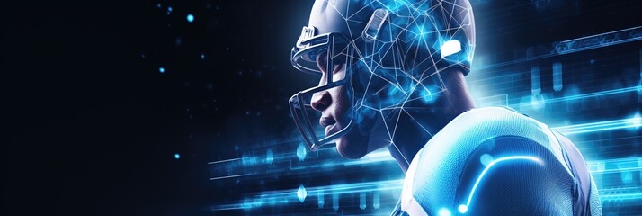  banner American football sportsman player on blue futuristic technology background copyspace for text .